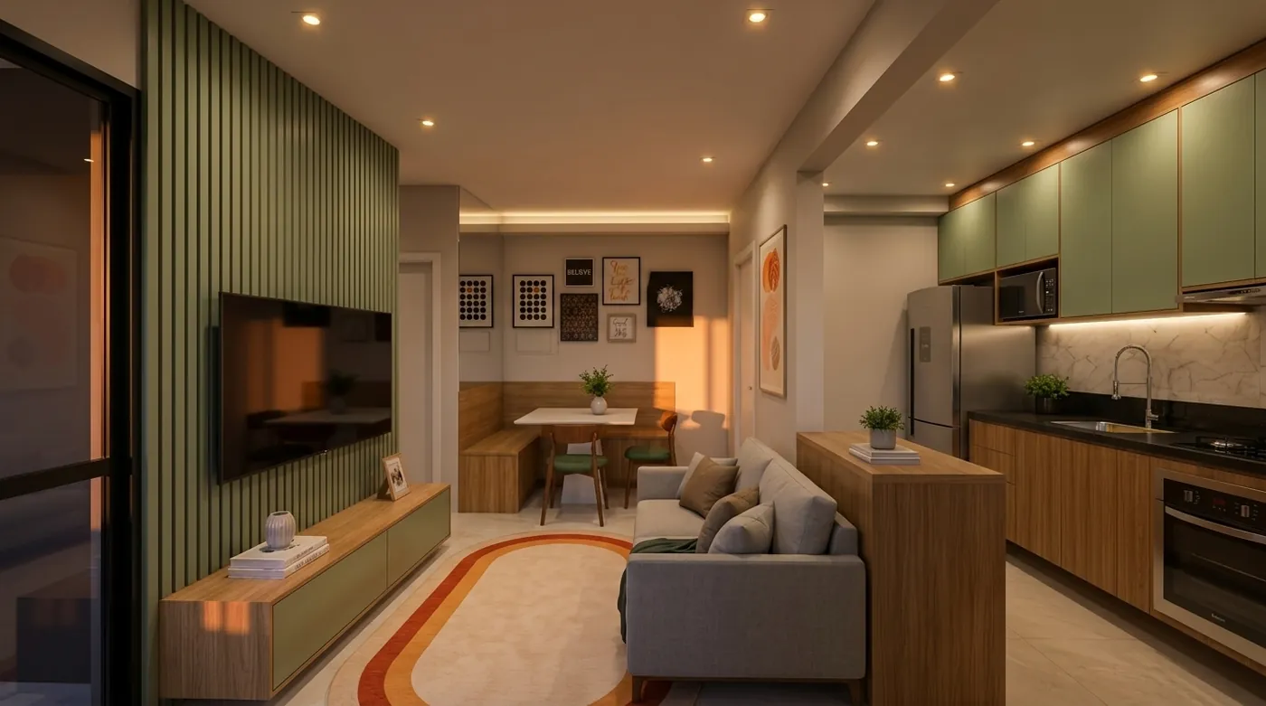Sala integrada à cozinha com painel ripado verde, rack suspenso em madeira e iluminação quente