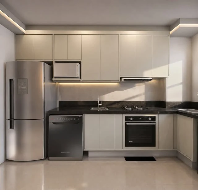 Cozinha planejada em tons claros com eletros inox