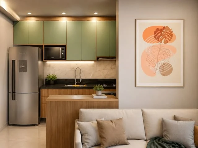 Cozinha com armários verdes integrada à sala de estar